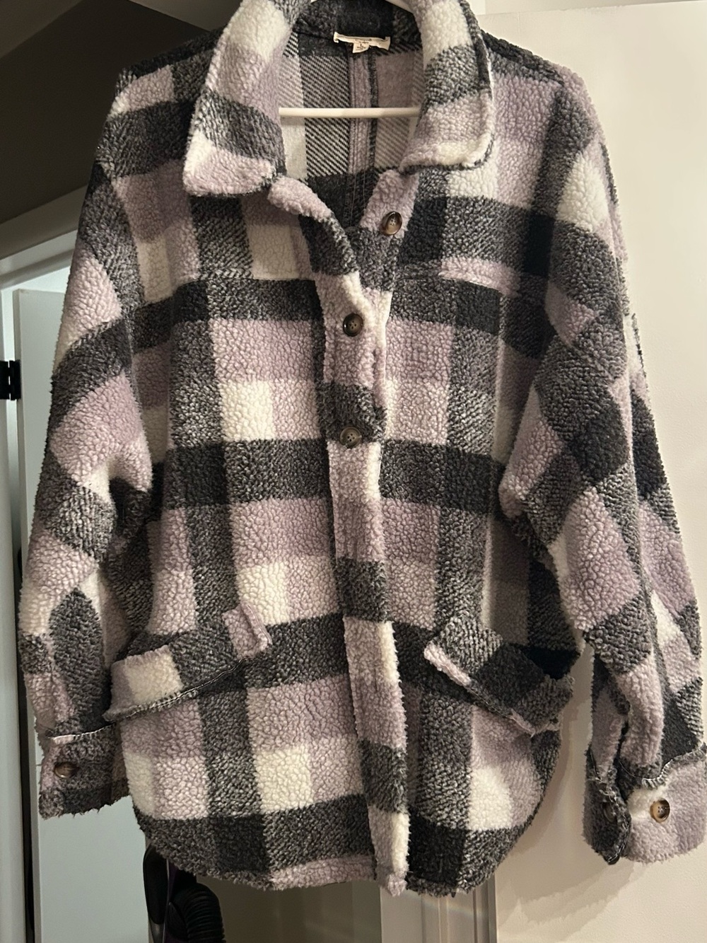 Cozy Plaid Shacket Jacket in Blacks, Shades of Gray & White